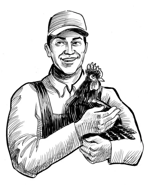 Фермер Куриной Птицей Чернила Черно Белые — стоковое фото