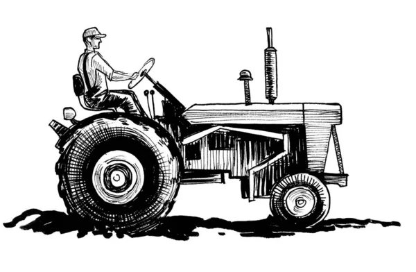 Tracteur Conduite Agricole Encre Dessin Noir Blanc — Photo