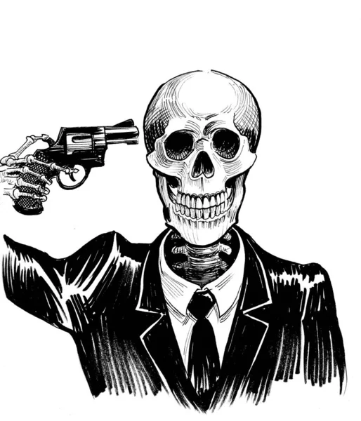 Skeleton Shooting His Head Ink Black White Drawing — Stock Photo, Image