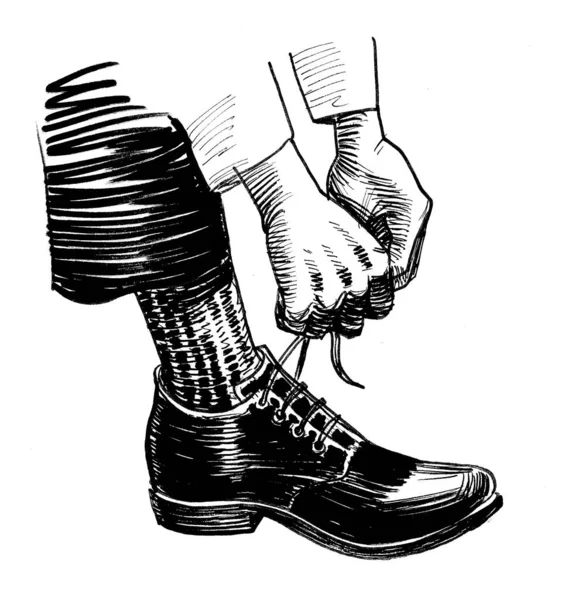 Hands Tying Laces Shoe Ink Black White Drawing — Stock Photo, Image