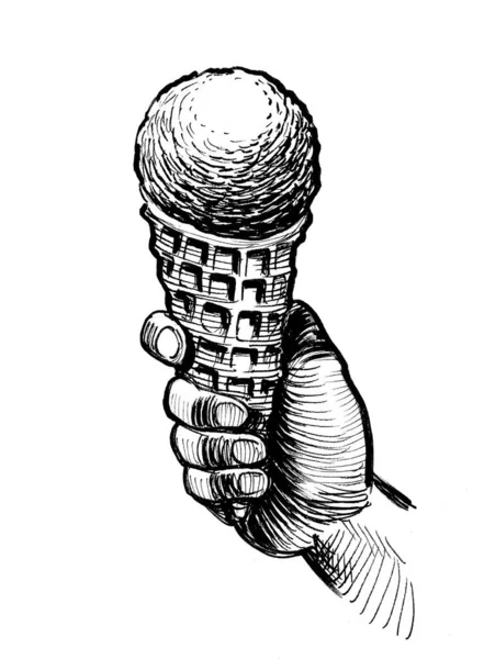 Hand Holding Ice Cream Cone Ink Black White Drawing — Fotografia de Stock