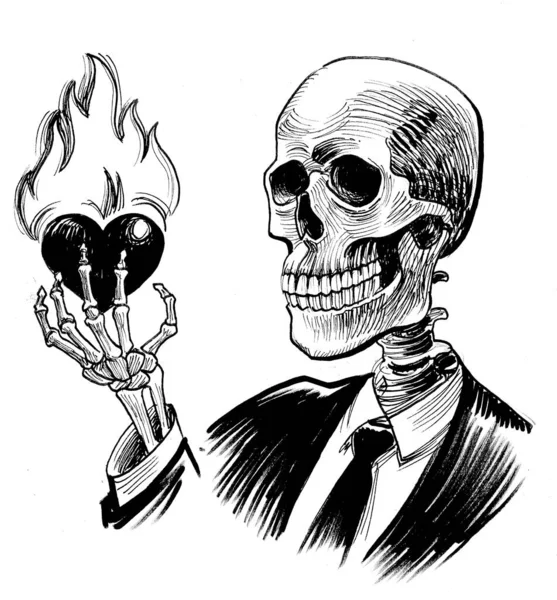 Human Skeleton Burning Heart Ink Black White Drawing — ストック写真