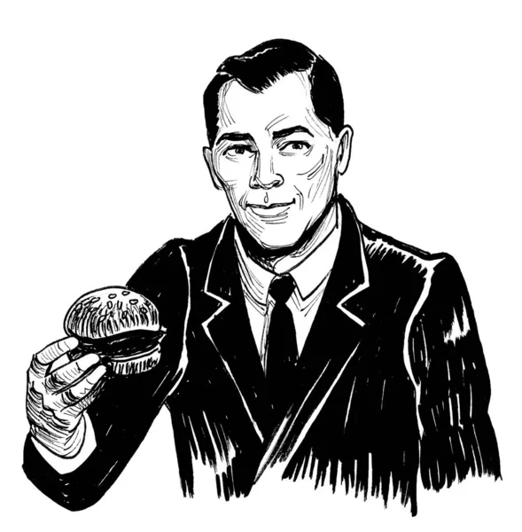 Man Suit Eating Burger Ink Black White Drawing — 스톡 사진