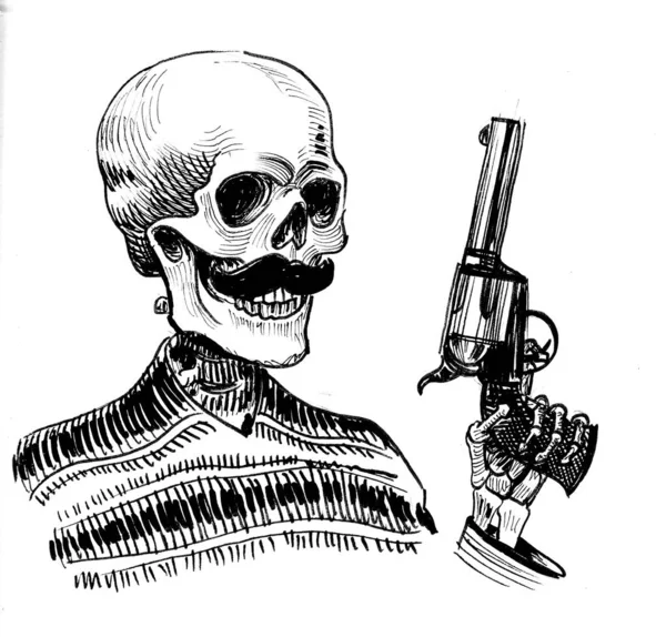 Martwy Meksykański Bandyta Rewolwerem Czarno Biały Rysunek Atramentu — Zdjęcie stockowe