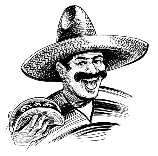 Happy Mexican Sombrero Eating Taco Ink Black White Drawing — 스톡 사진