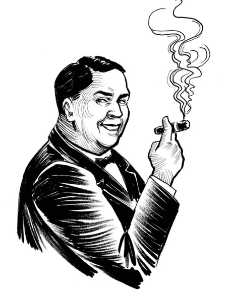Rich Man Smoking Cigar Ink Black White Drawing — Stock Photo, Image
