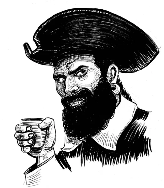 Pirata Beber Rum Tinta Desenho Preto Branco — Fotografia de Stock