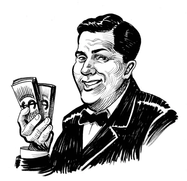 Rich Man Cash Ink Black White Drawing — Stock fotografie