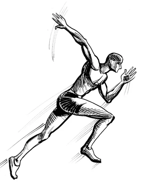 Koşu Sporcusu Mürekkep Siyah Beyaz Çizim — Stok fotoğraf