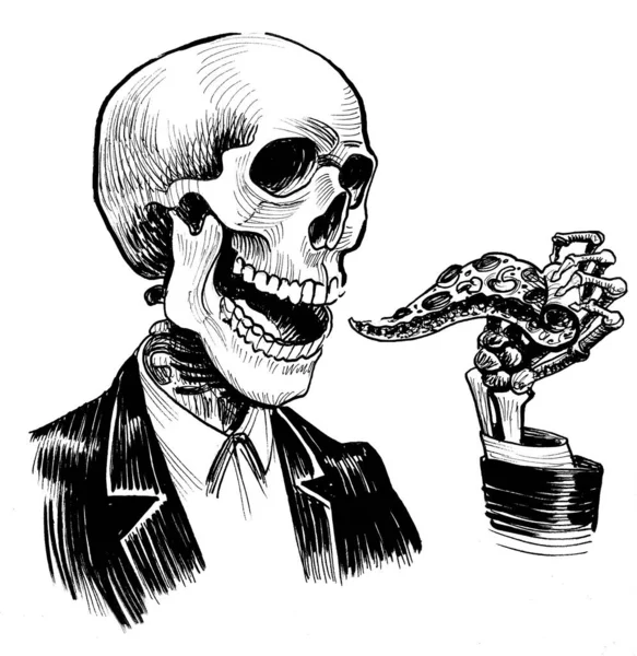 Human Skeleton Eating Slice Pizza Ink Black White Drawing — Fotografia de Stock