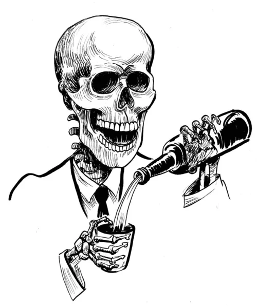 Human Skeleton Pouring Alcohol Bottle Glass Ink Black White Drawing — Fotografia de Stock