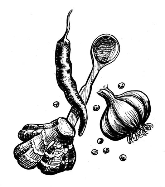 Spoon Bunch Spices Ink Black White Drawing — Foto Stock
