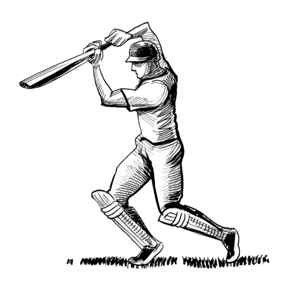 Cricket Player Ink Black White Drawing — Fotografia de Stock