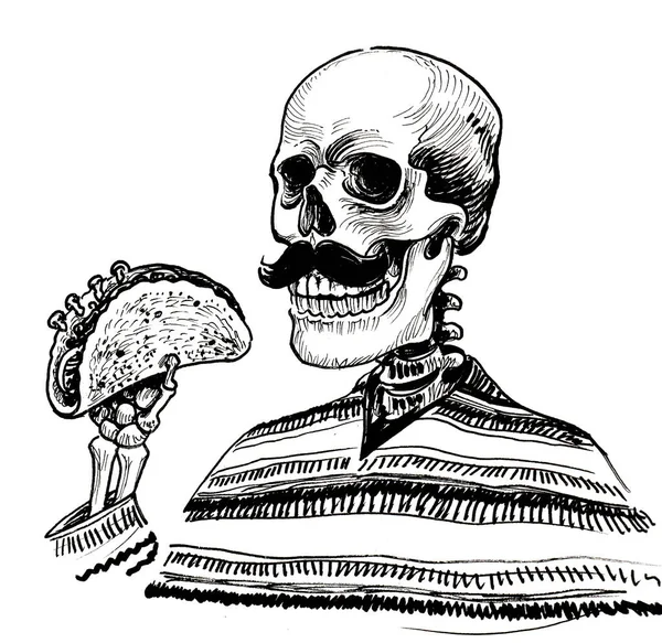 Dead Mexican Eating Taco Ink Black White Drawing — Zdjęcie stockowe