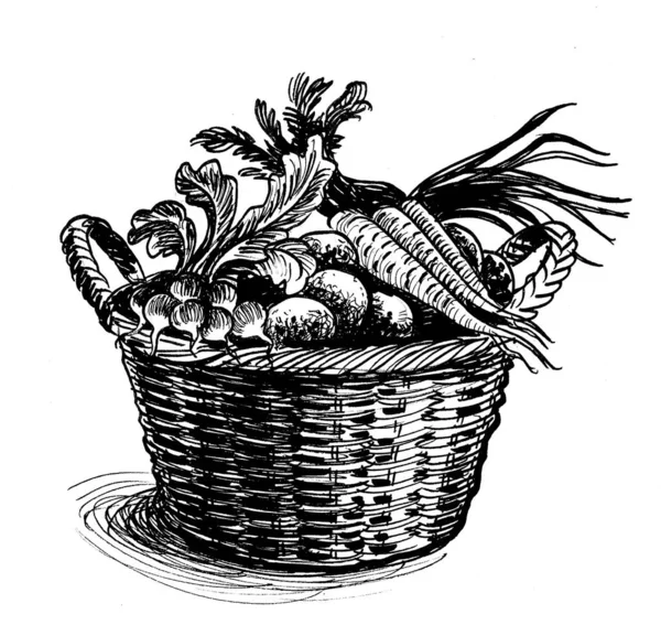 Basket Crop Vegetables Ink Black White Drawing — Stock Fotó