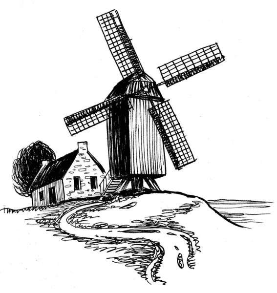 Old Windmill Countryside Ink Black White Drawing — Stockfoto