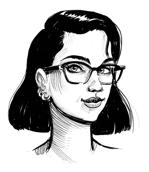 Gözlüklü Güzel Bir Kadın Mürekkep Siyah Beyaz Çizim — Stok fotoğraf