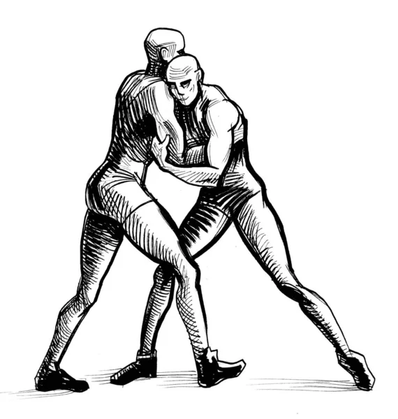 Two Wrestling Athletes Ink Black White Drawing —  Fotos de Stock