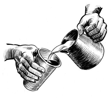 Baristalar kahve yapar. Mürekkep siyah beyaz çizim