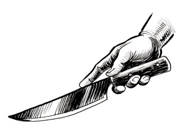 Bir mutfak bıçağıyla. Mürekkep siyah beyaz çizim