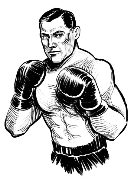 Athlète Boxe Encre Dessin Noir Blanc — Photo