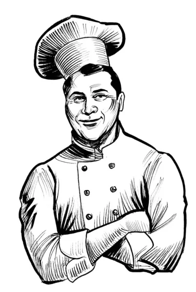 Feliz Chef Del Restaurante Sonriente Dibujo Blanco Negro Tinta —  Fotos de Stock