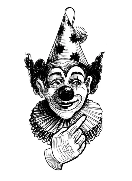 Clown Wijst Naar Boven Inkt Zwart Wit Tekening — Stockfoto