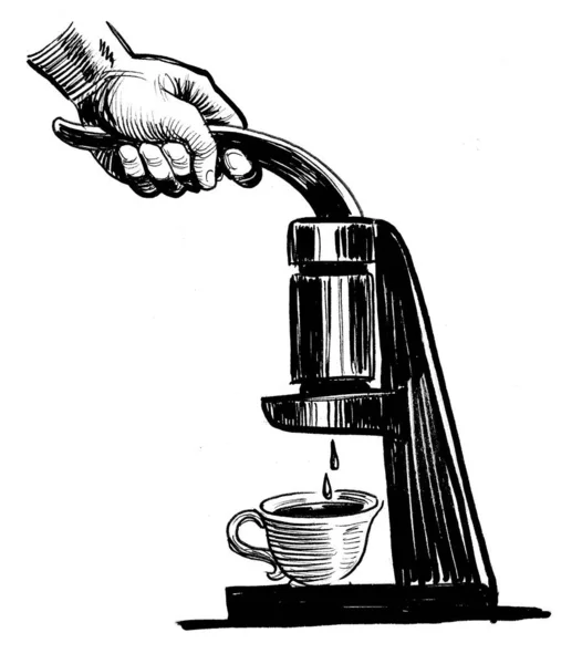 Hand Pressing Coffee Machine Handle Ink Black White Drawing — Stock Photo, Image