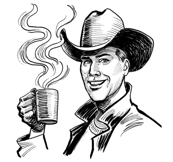 Boldog Cowboy Iszik Egy Csésze Kávét Tinta Fekete Fehér Rajz — Stock Fotó