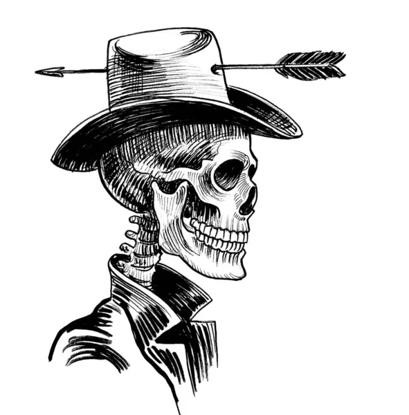 Человеческий Скелет Ковбойской Шляпе Пронзён Стрелой Чернила Черно Белые — стоковое фото