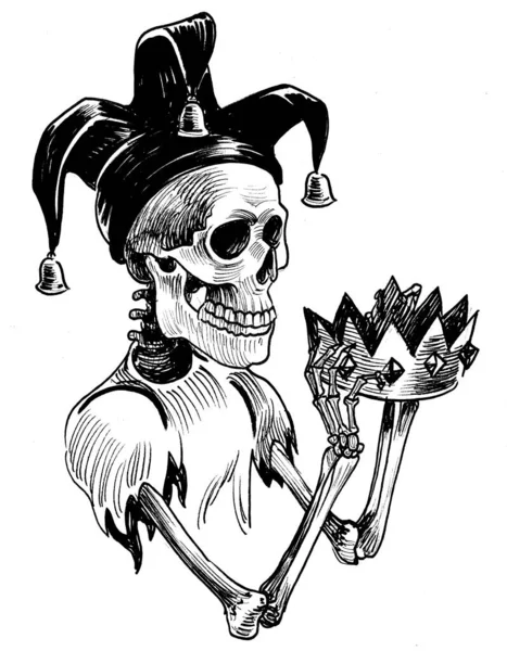 ジェスター ハットの人間の骨格が王冠を持ってる 墨と白のドローイング — ストック写真