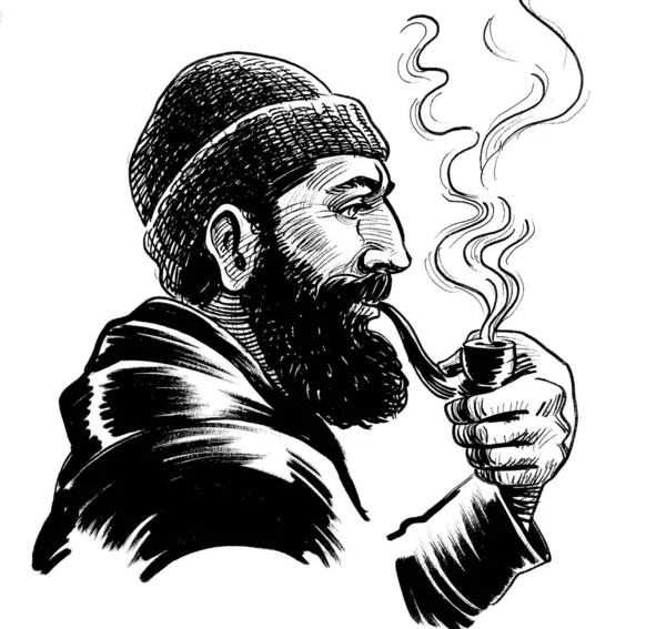 Pescador Fumando Pipa Dibujo Blanco Negro Tinta — Foto de Stock