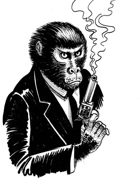 Monkey with a smoking gun. Ink black and white drawing