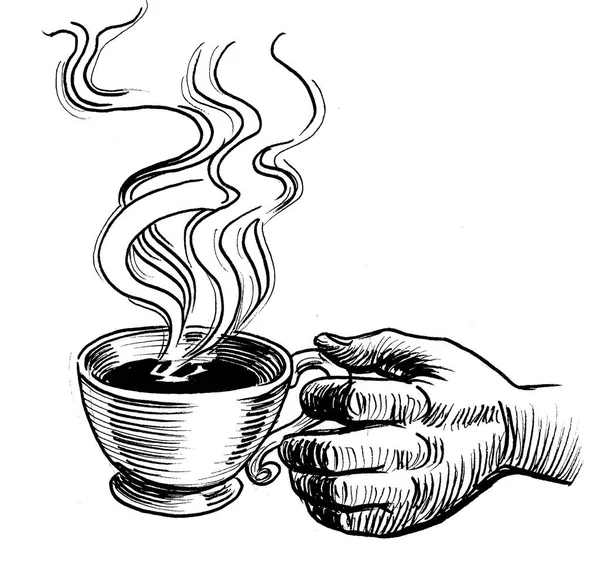 Hand Mit Einer Tasse Kaffee Schwarz Weiße Tuschezeichnung — Stockfoto