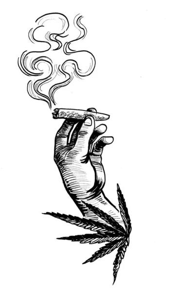 Kéz Füstölgő Marihuánával Kannabiszlevéllel Tinta Fekete Fehér Rajz — Stock Fotó
