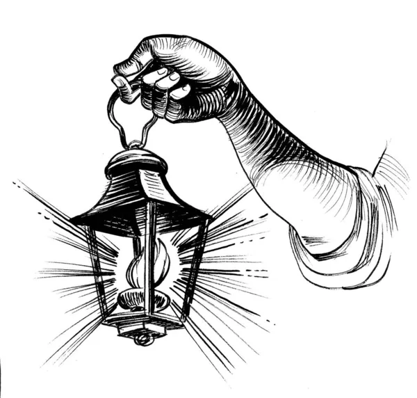Hand Holding Lantern Ink Black White Drawing — Stock Photo, Image