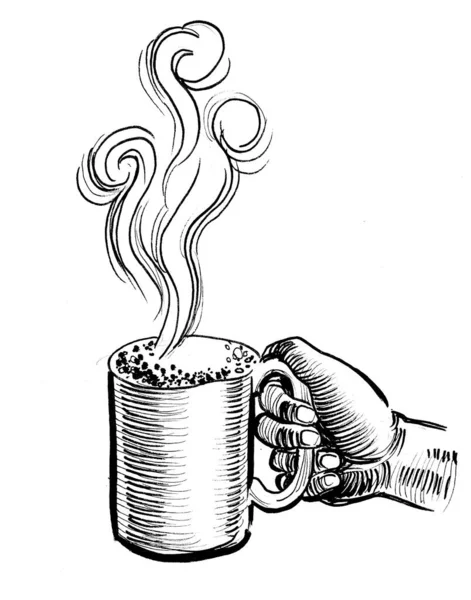 Hand Die Een Mok Koffie Vasthoudt Inkt Zwart Wit Tekening — Stockfoto