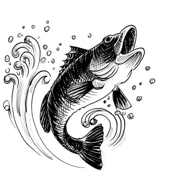Jumping fish. Ink black and white drawing