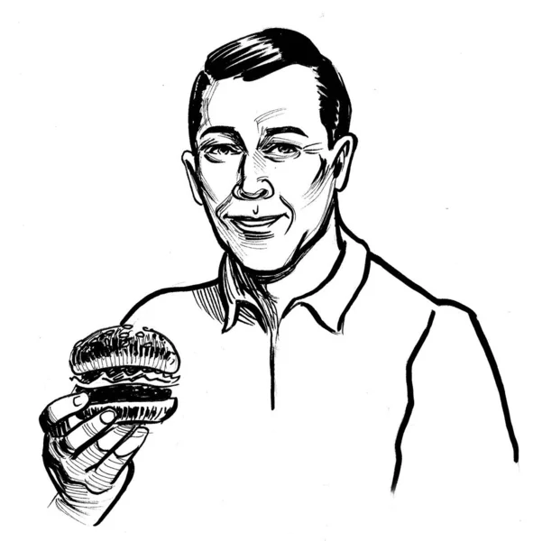 Man Eating Burger Ink Black White Drawing — Stock Photo, Image