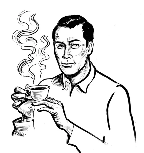 Homme Qui Boit Une Tasse Café Encre Dessin Noir Blanc — Photo