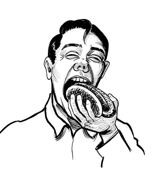 Man Eating Hot Dog Ink Black White Drawing — Stock Photo, Image