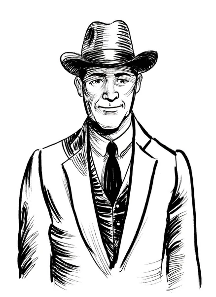 Man Suit Hat Ink Black White Drawing — Stock Photo, Image