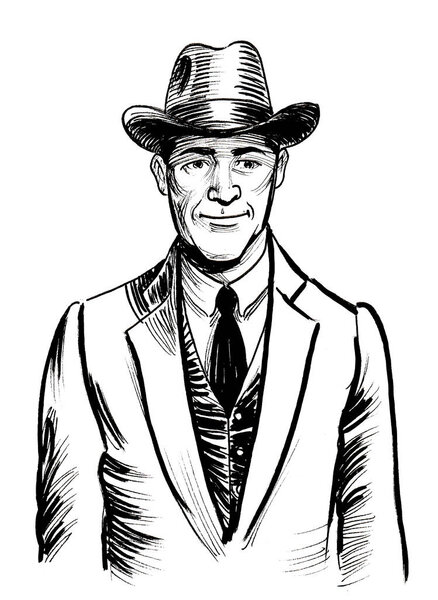 Man in suit and hat. Ink black and white drawing