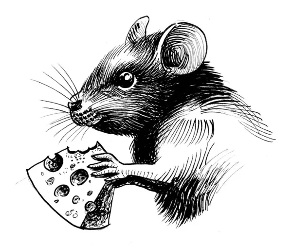 Maus Und Käse Schwarz Weiße Tuschezeichnung — Stockfoto