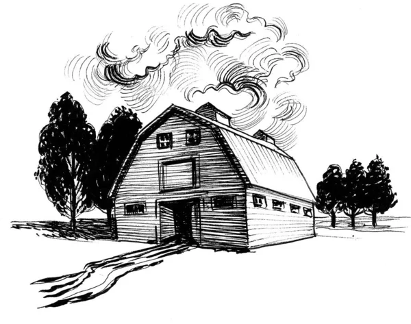 Old barn in the countryside. Ink black and white drawing