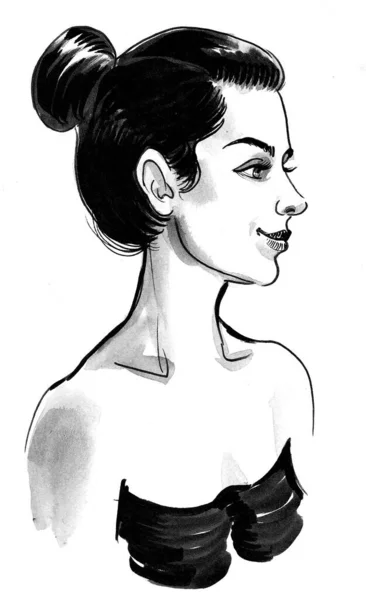 Mooie Brunette Vrouw Inkt Zwart Wit Tekening — Stockfoto