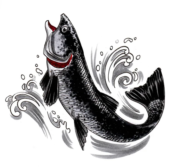 Skákající Lososová Ryba Kresba Inkoustem Akvarelem — Stock fotografie