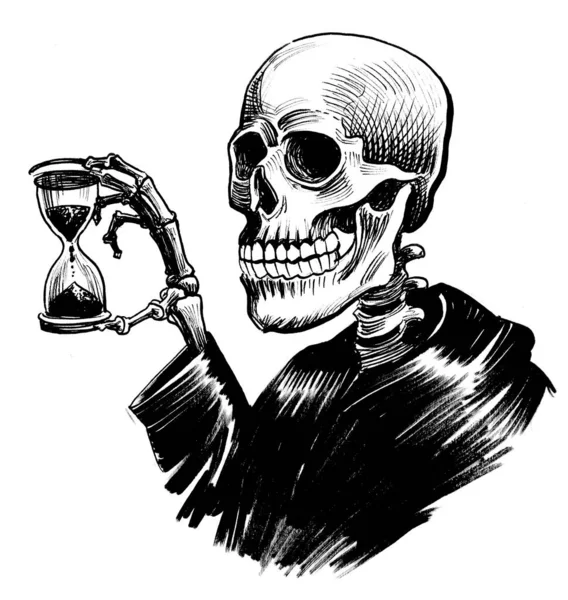 Human Skeleton Sand Clock Ink Black White Drawing — Stockfoto