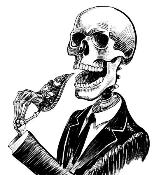 Skeleton Eating Pizza Ink Black White Drawing — Stok fotoğraf