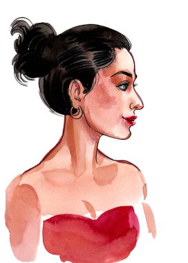 Beautiful brunette woman in red dress. Ink and watercolor drawing